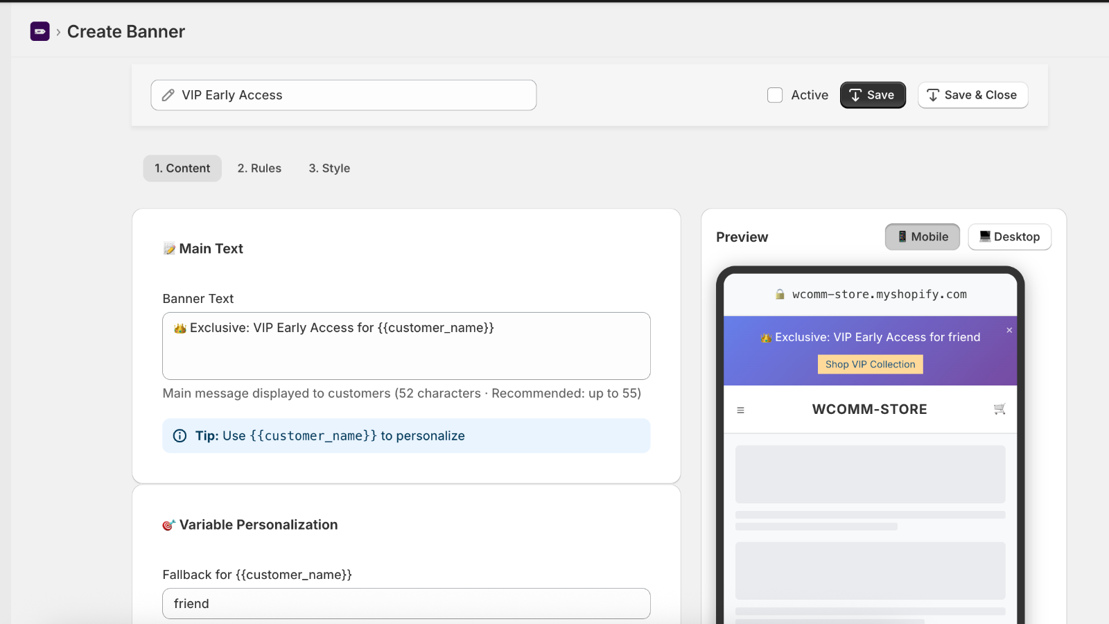 VIP Early Access banner editor with customization options