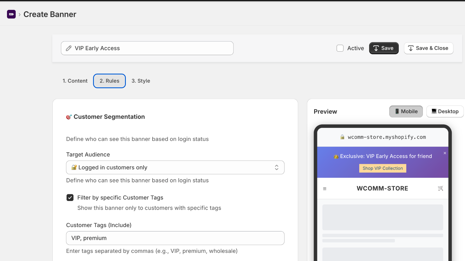 Customer segmentation rules configuration interface