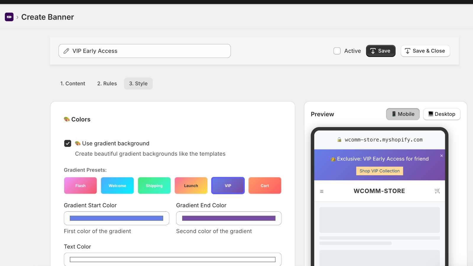 Gradient style editor with color presets and customization